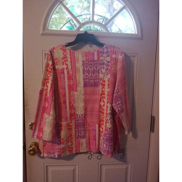 2X Ruby Rd Top Beaded V Neckline 3/4 Sleeves Pink & White - Picture 7 of 8